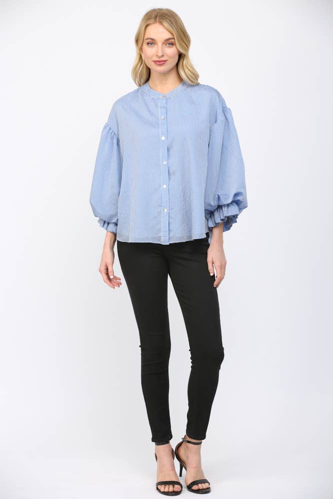 Pinstripe Bubble Sleeve Blouse