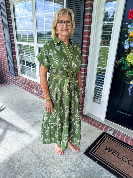 Olive Tie Waist Midi Dress