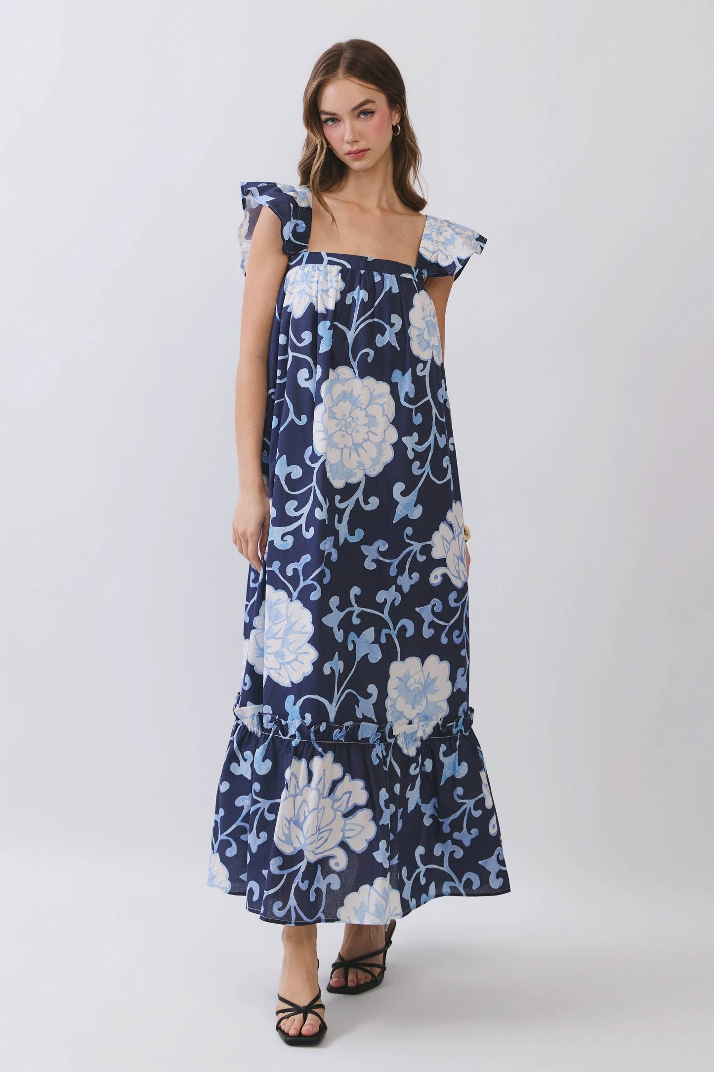 Blue Floral Ruffle Sleeve Maxi Dress