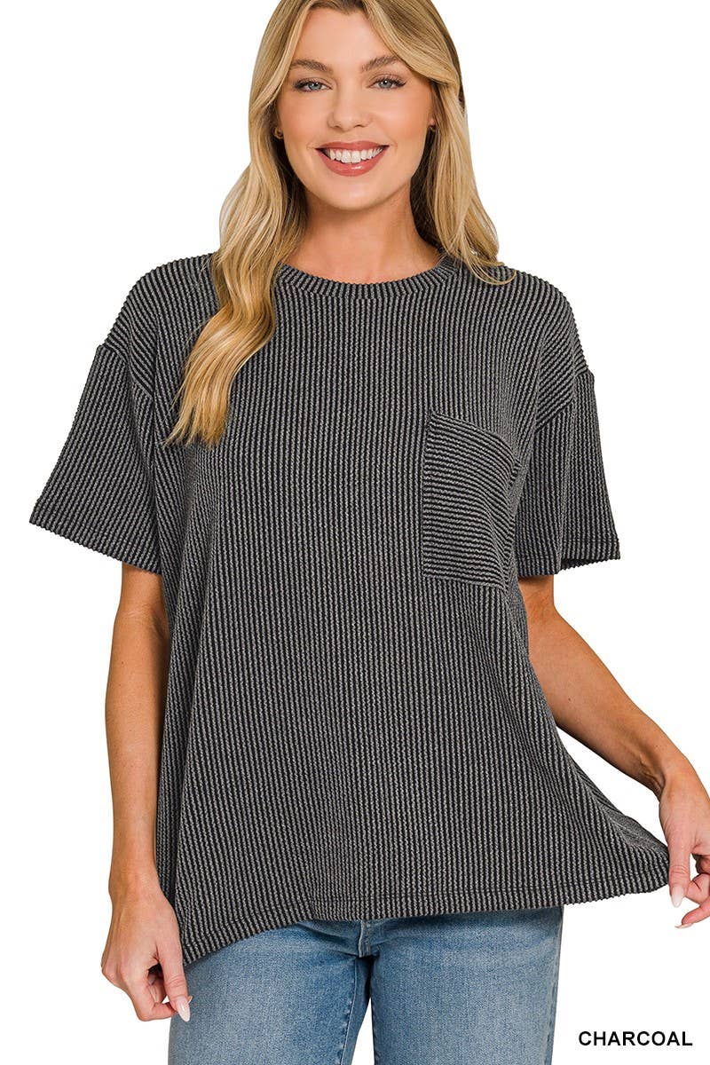 Corded Short Sleeve Front Pocket Top