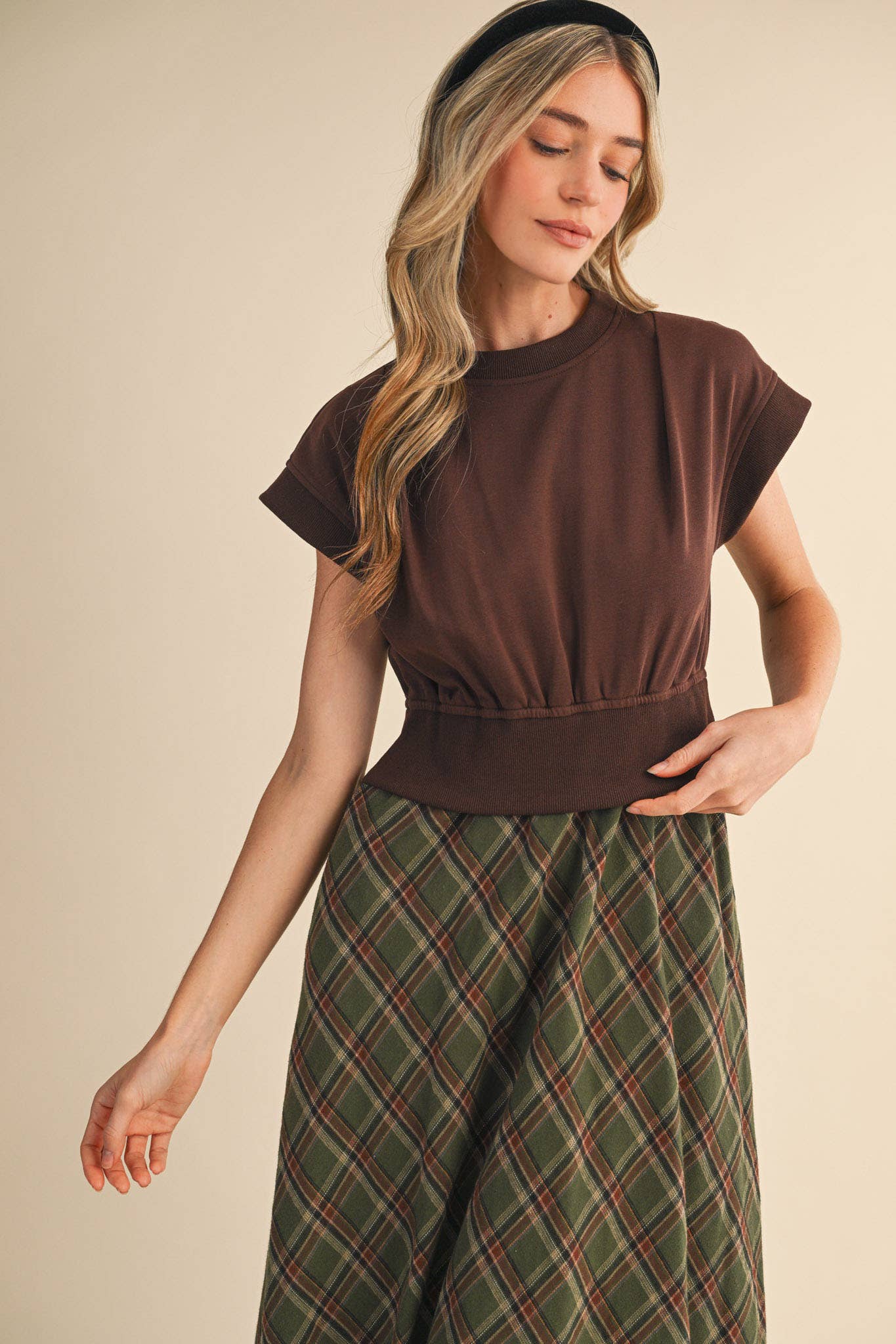 Brown Plaid Midi Dress