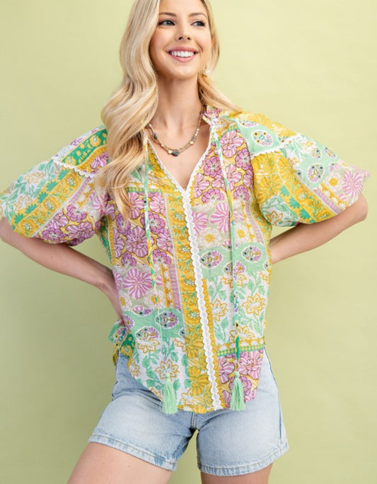 Mixed Print Puff Sleeve Top