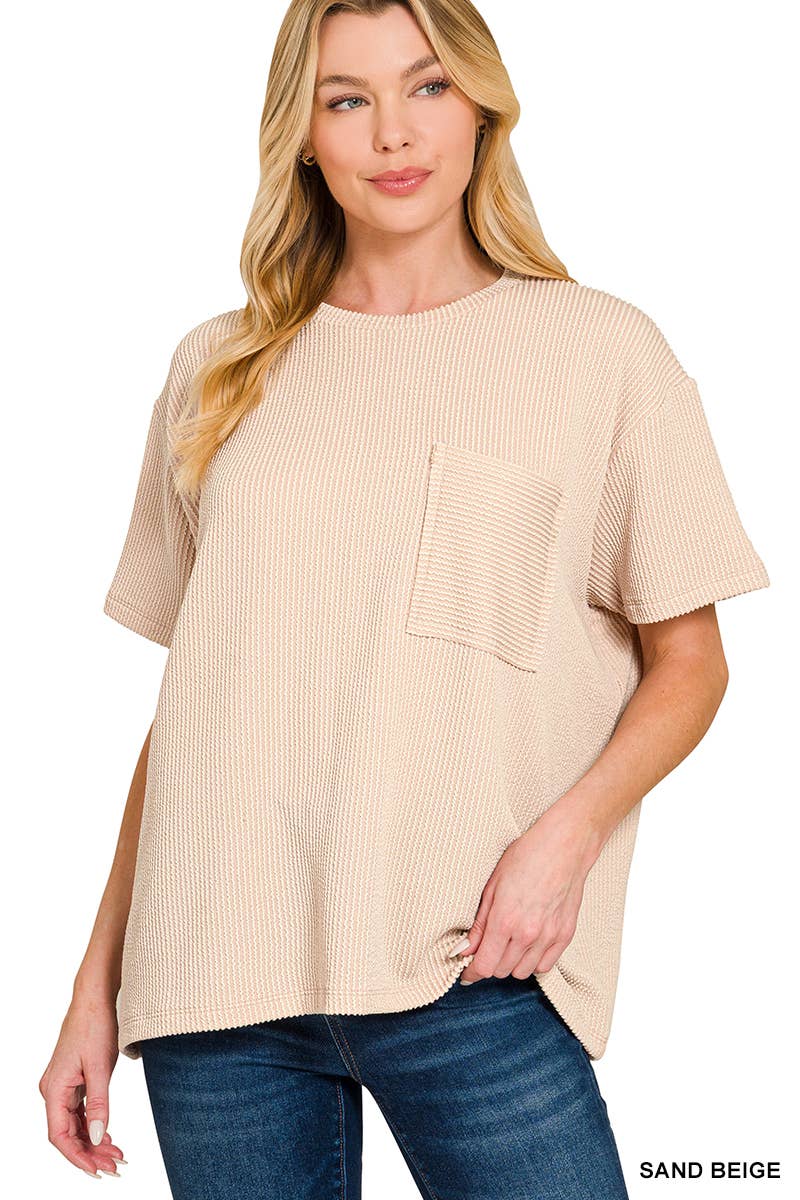 Corded Short Sleeve Front Pocket Top