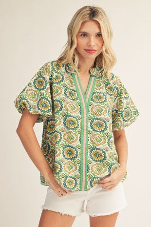 Green and Yellow Puff Sleeve Top