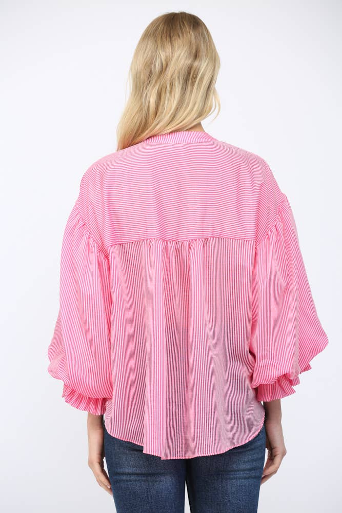 Pinstripe Bubble Sleeve Blouse