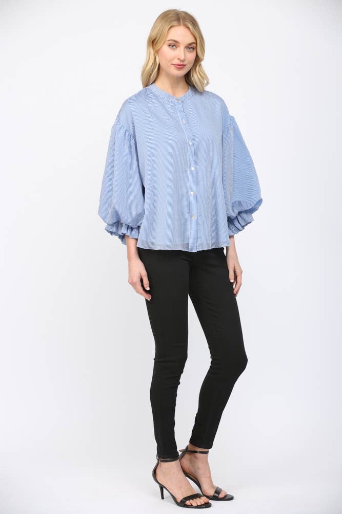 Pinstripe Bubble Sleeve Blouse