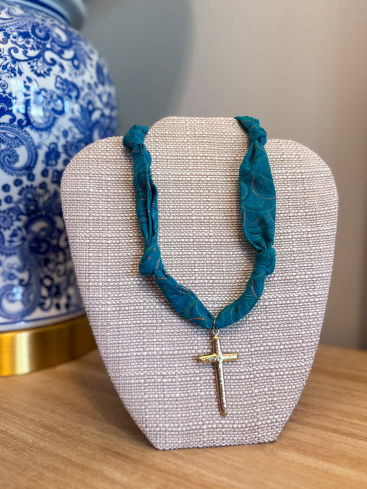 Teal Cross Scarf Necklace