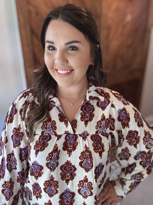 Ruffled High Neck Print Top