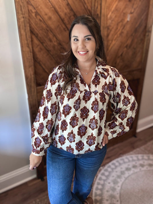 Ruffled High Neck Print Top
