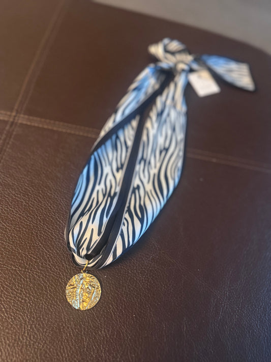 Black/White Gold Charm Scarf Necklace