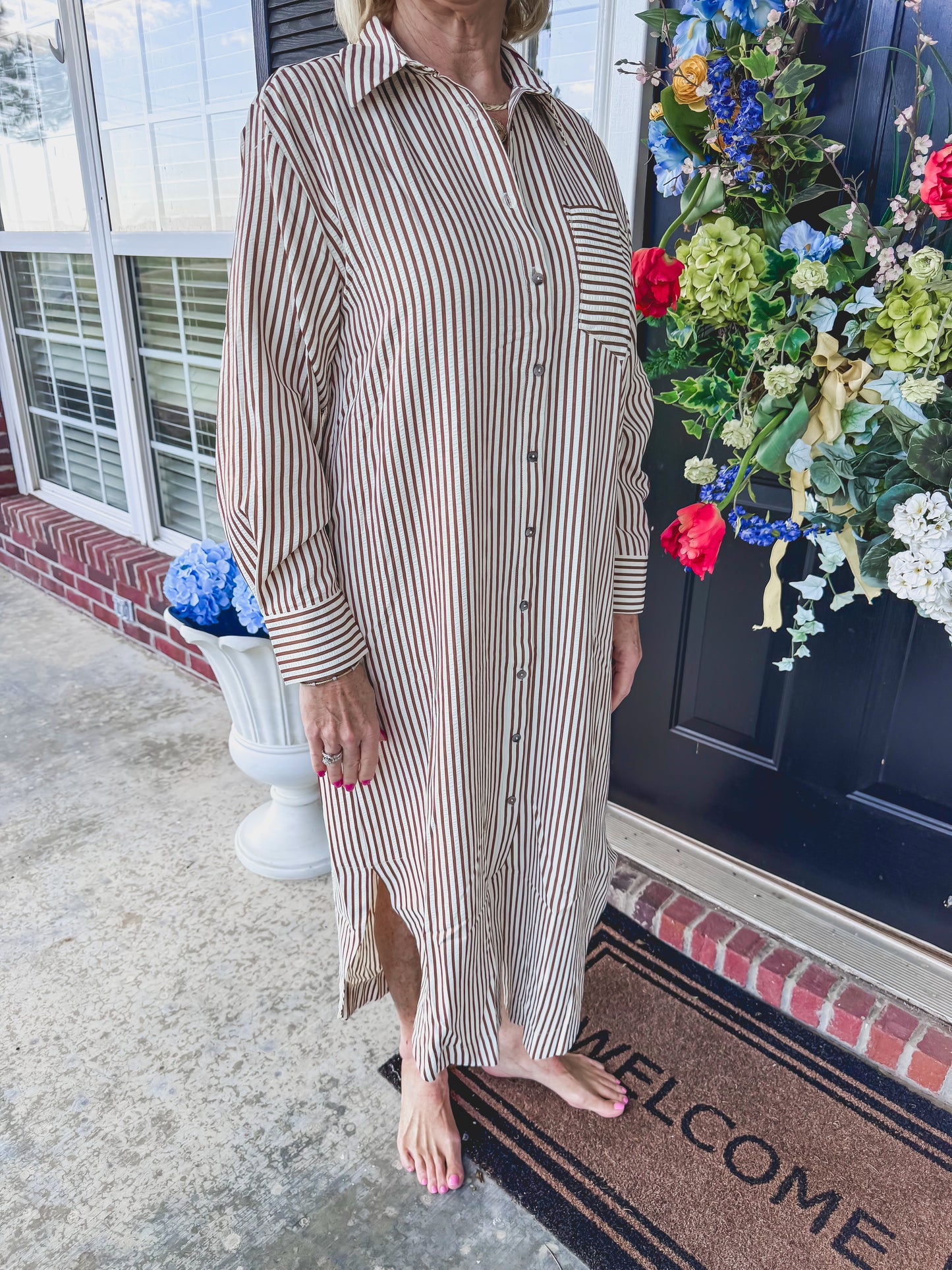 Brown Striped Long Sleeve Dress