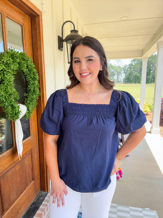 Navy Smocked Short Puff Sleeve Top