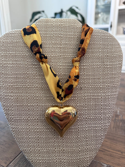 Cheetah Puff Heart Scarf Necklace