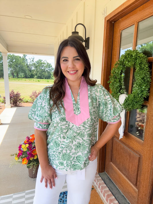 Green and Pink Puff Sleeve Top