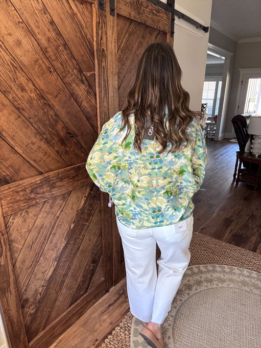 Teal Floral Print V-neck Blouse