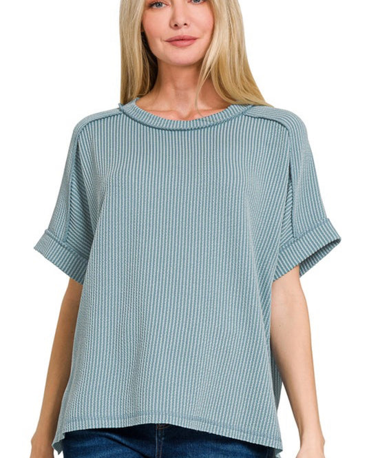 Blue Corded Short Sleeve Cuff Top