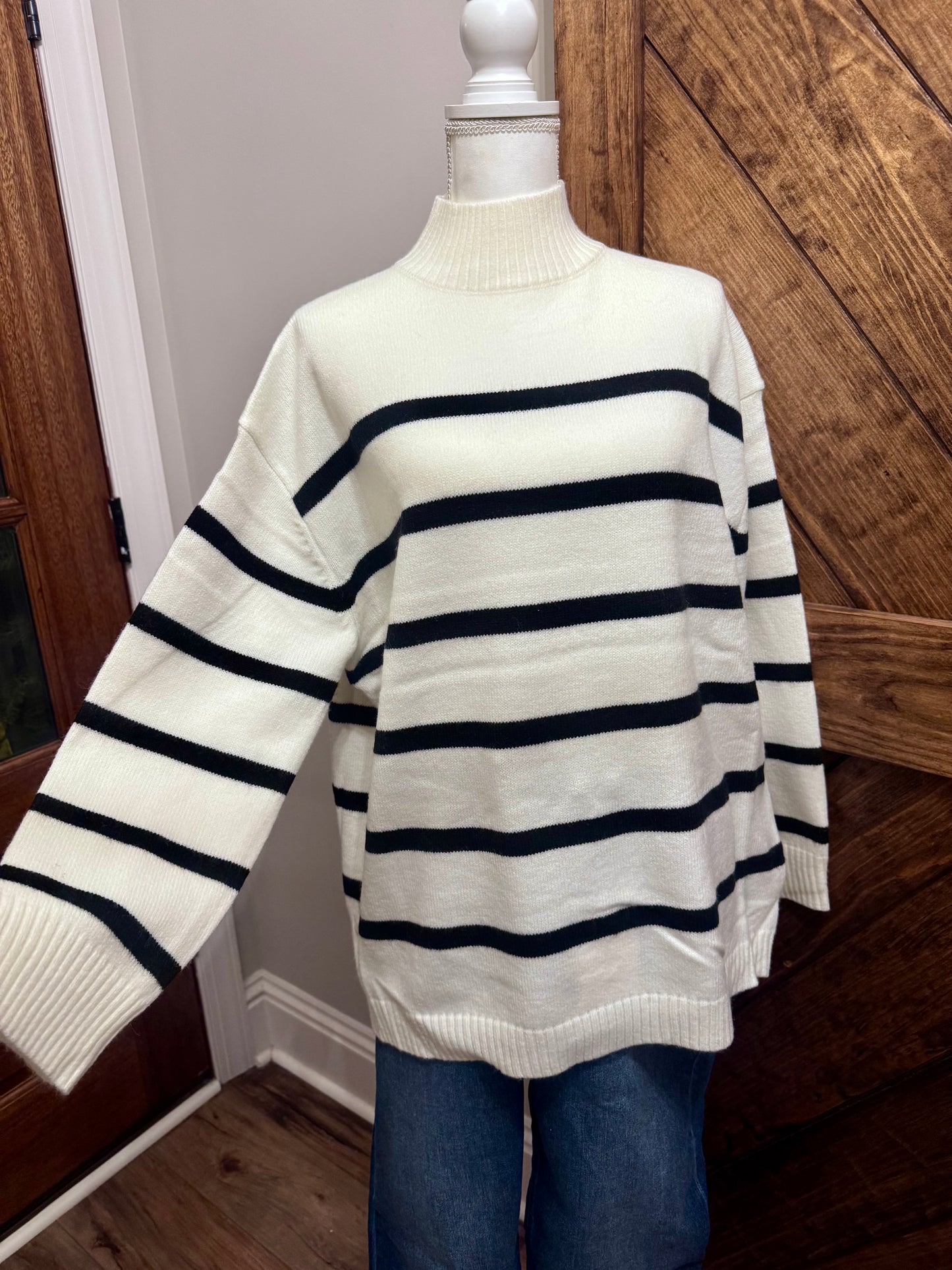Striped Oversized High Neck Sweater: CREAM