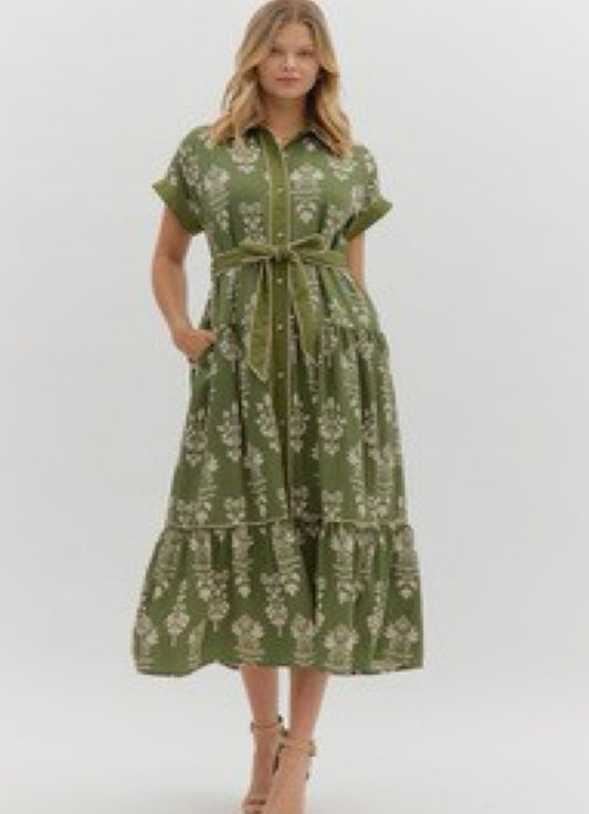 Olive Tie Waist Midi Dress