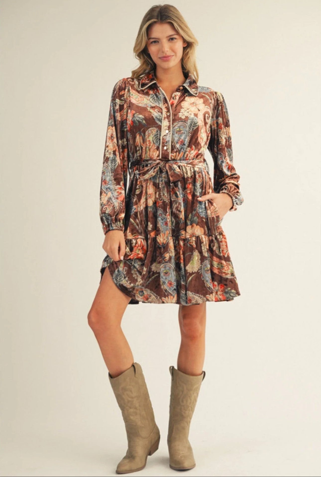 Brown Paisley Velvet Dress
