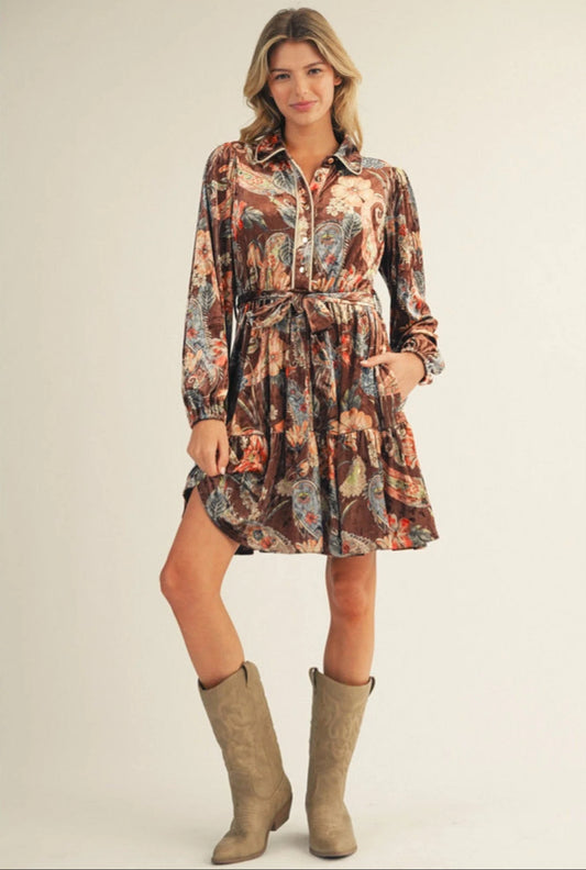 Brown Paisley Velvet Dress