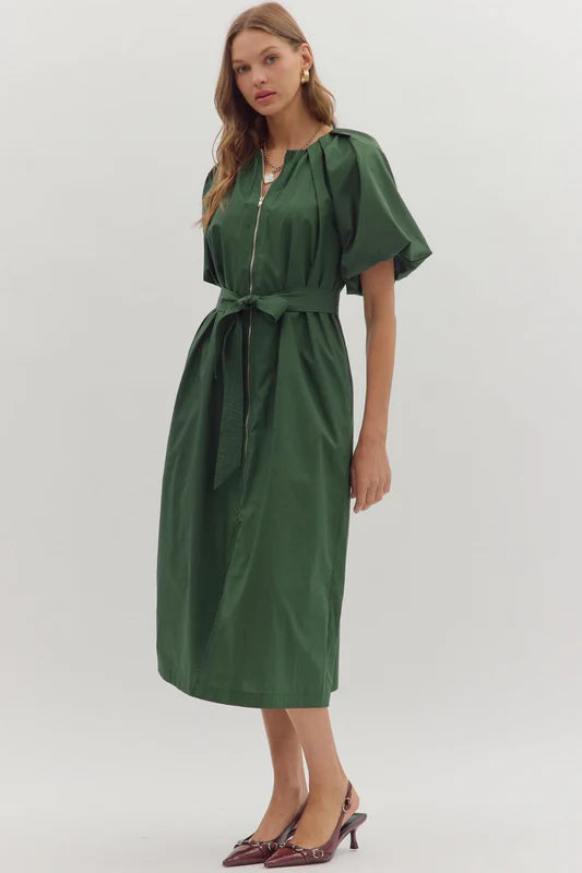 Green Puff Sleeve Midi Dress