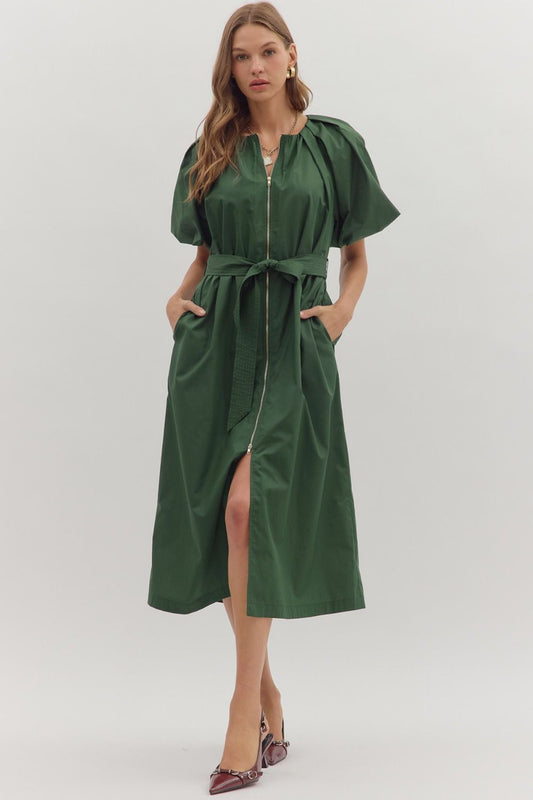 Green Puff Sleeve Midi Dress