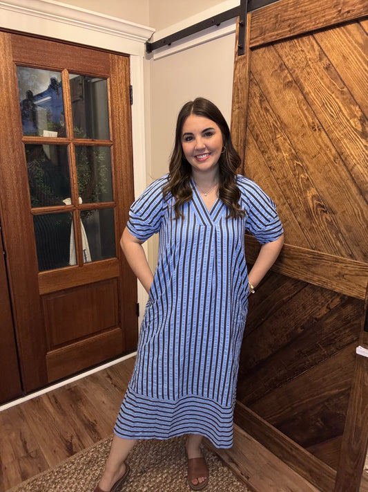 Blue Striped Midi Dress