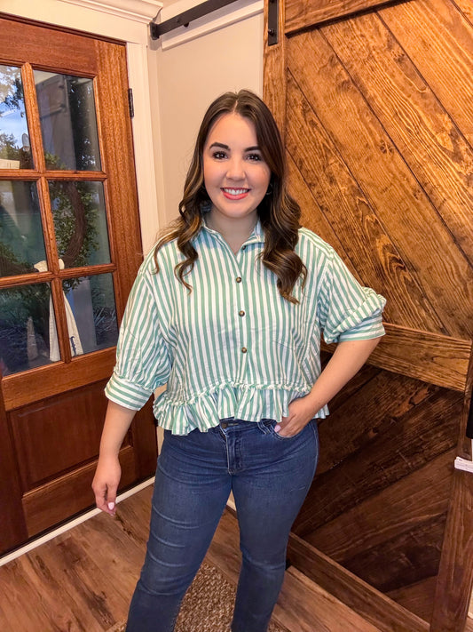 Green Stripe Ruffle Top