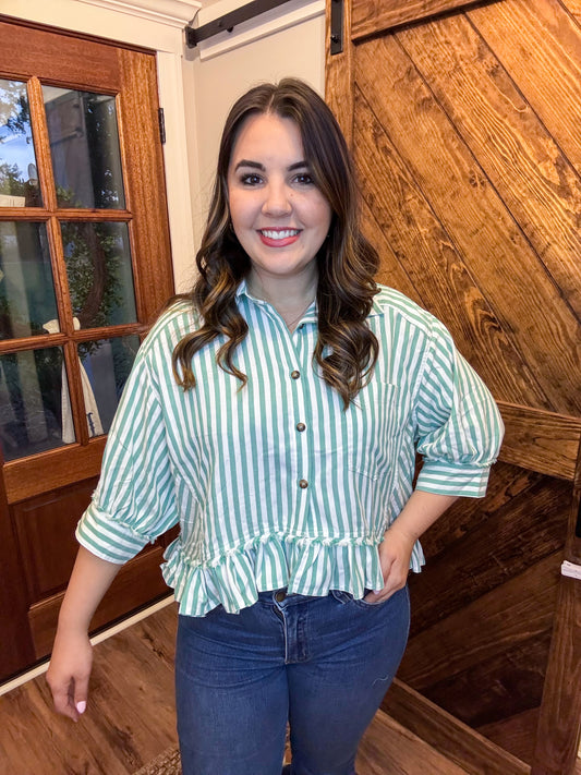 Green Stripe Ruffle Top