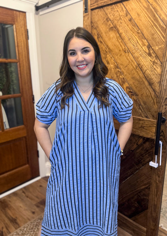 Blue Striped Midi Dress