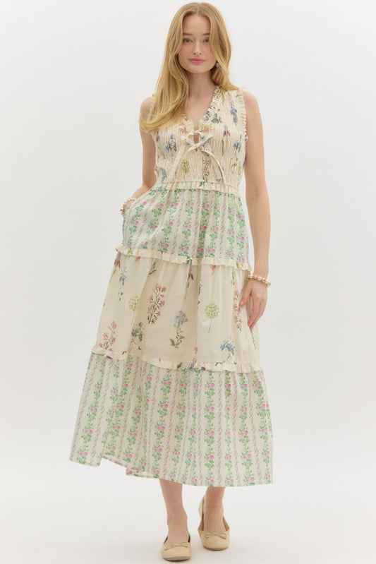 Garden Party Cream Floral Ruffle Midi