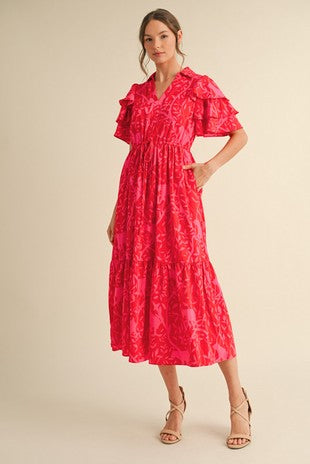 Red Palm Ruffle Dress