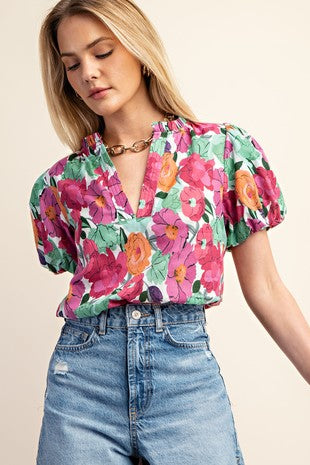 Raspberry Floral V-Neck Blouse