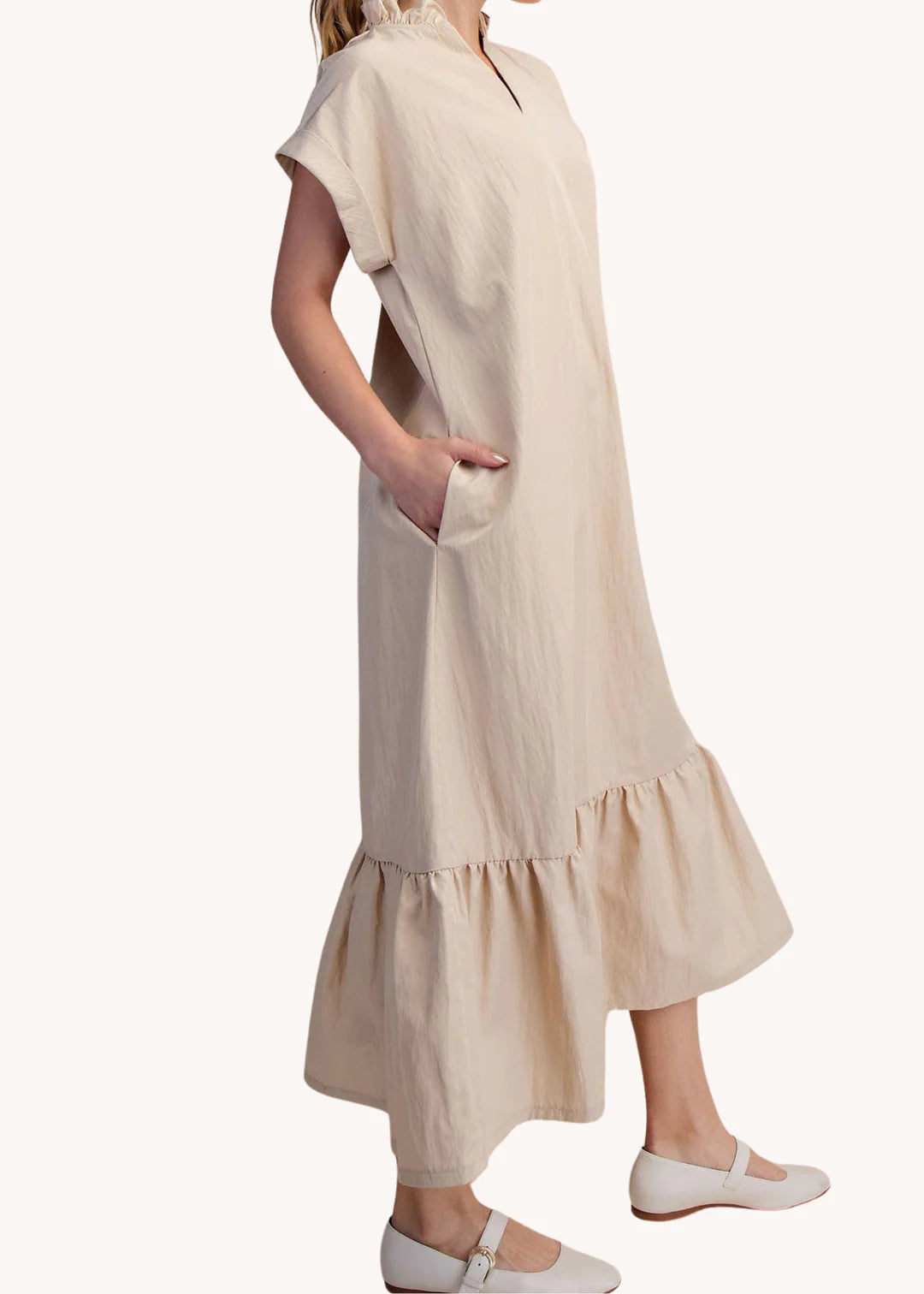 Tan Ruffle Neck Midi Dress