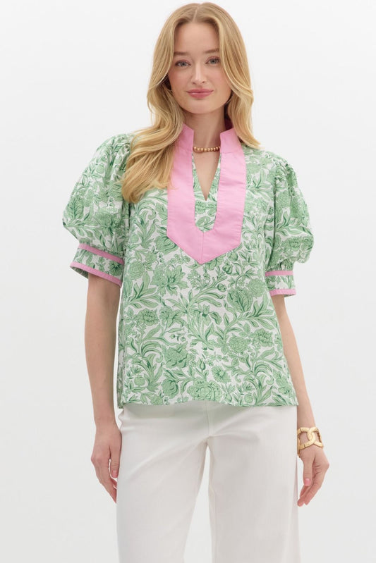 Green and Pink Puff Sleeve Top