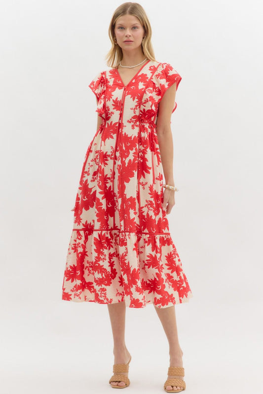 Red Flutter Sleeve Midi Dress