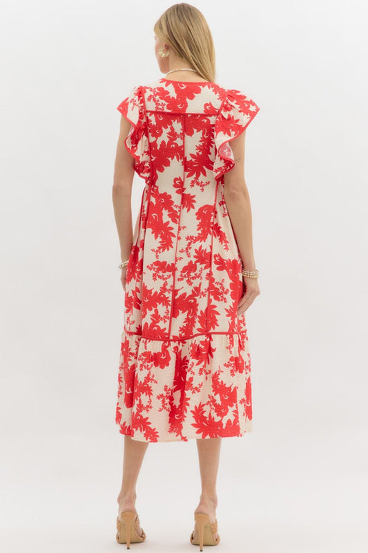 Red Flutter Sleeve Midi Dress