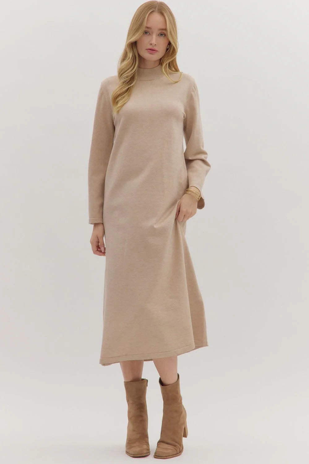 Mock Neck Long Sleeve Midi Dress