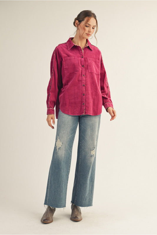 Magenta Corduroy Button Up Top