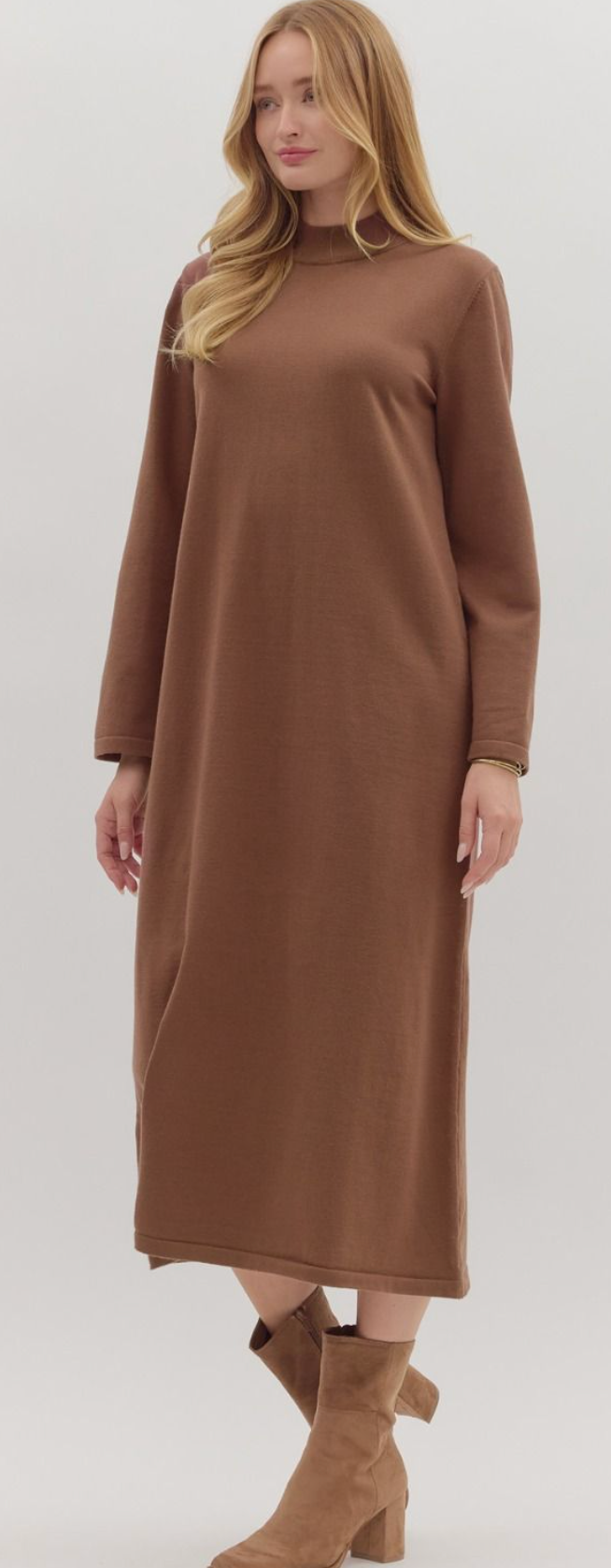 Mock Neck Long Sleeve Dress: Coffee