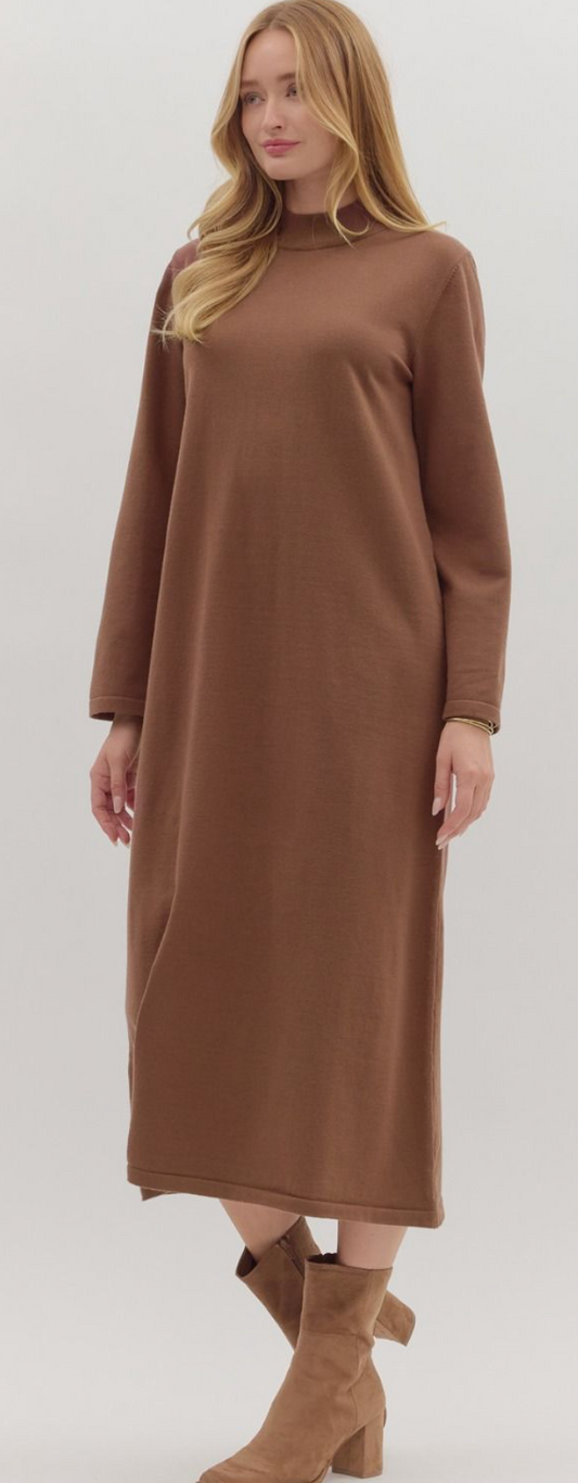 Mock Neck Long Sleeve Dress: Coffee