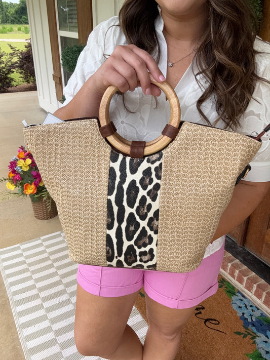 Wooden Handle Leopard Tote