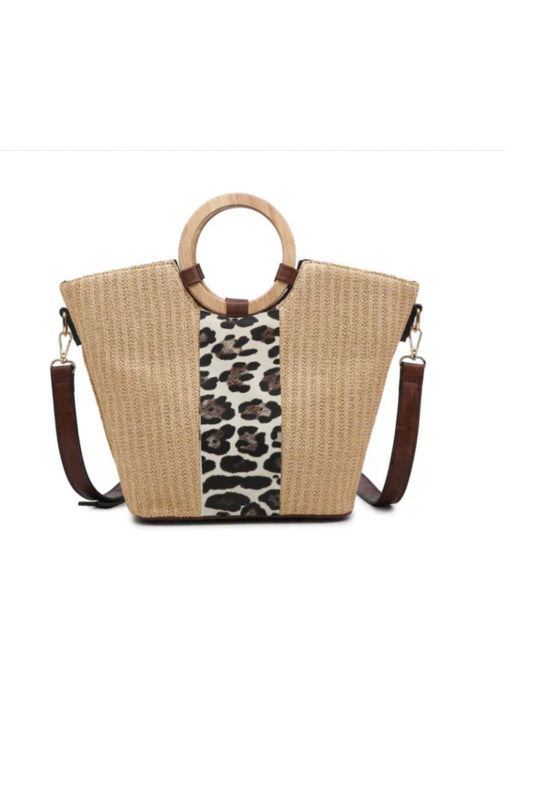 Wooden Handle Leopard Tote