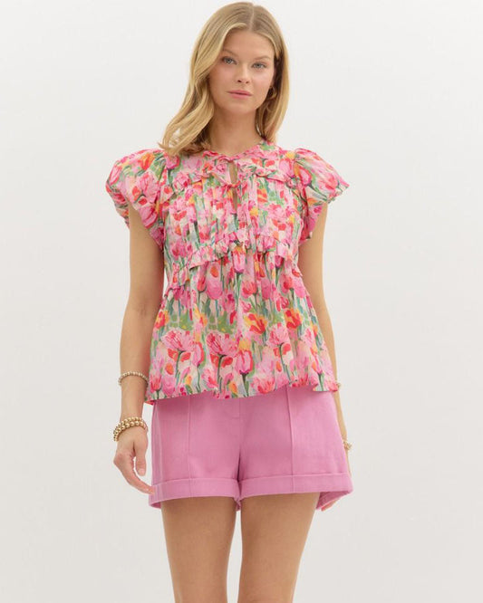 Pink Floral Ruffle Top