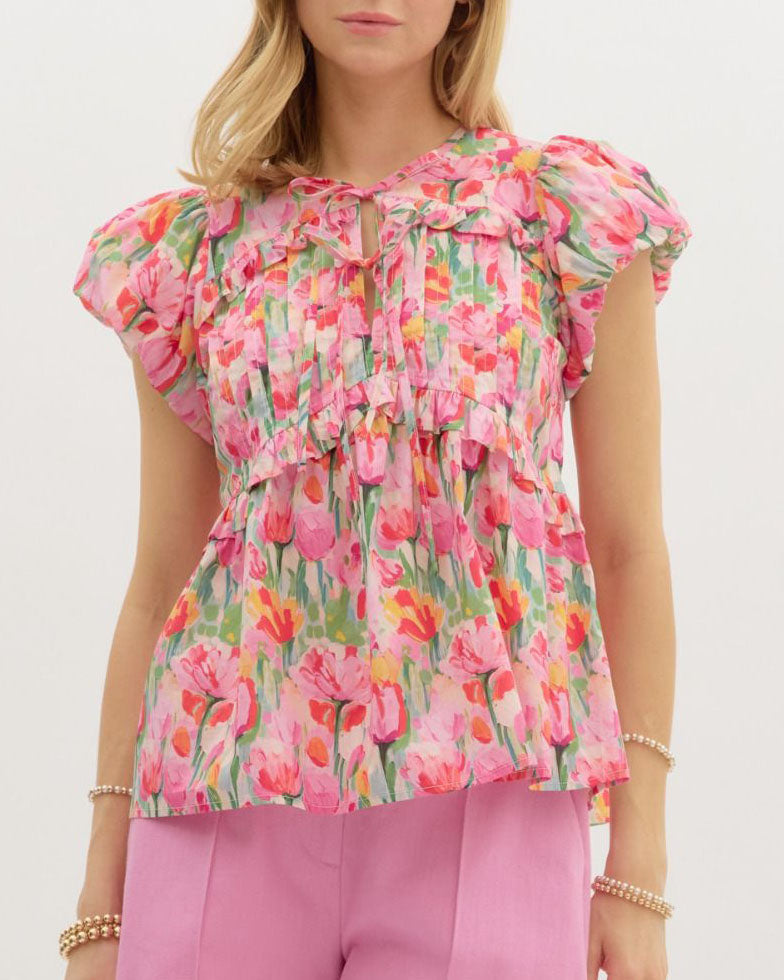Pink Floral Ruffle Top