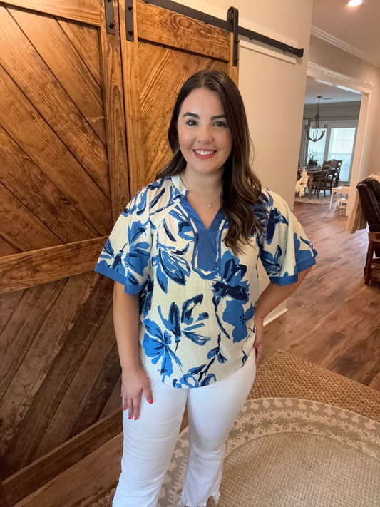 Blue Floral V-Neck Top