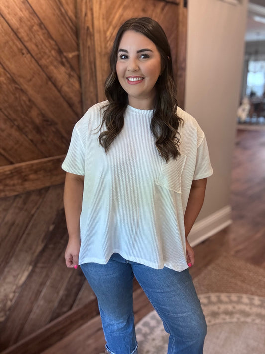Corded Rib Short Sleeve Front Pocket Top: Off White