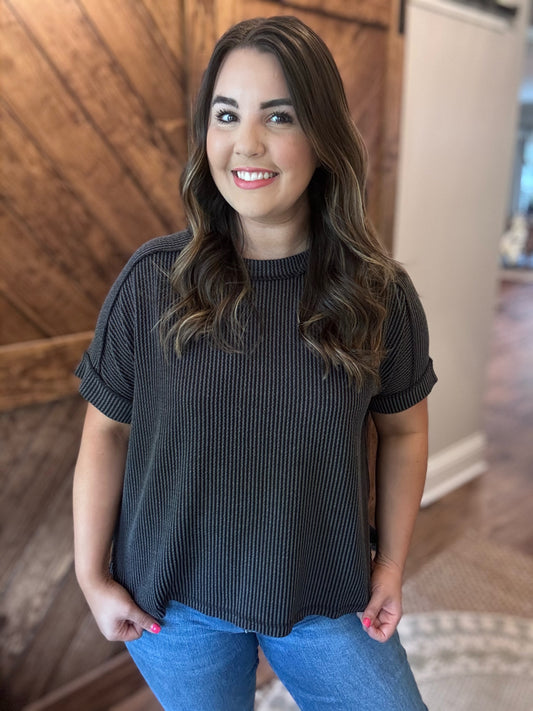 Corded Cuff Sleeve Top - Charcoal