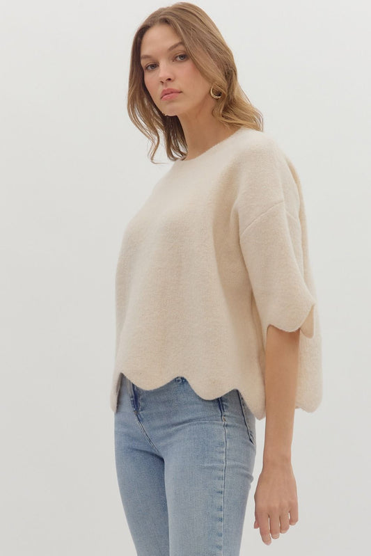 Scalloped Cream Sweater Top