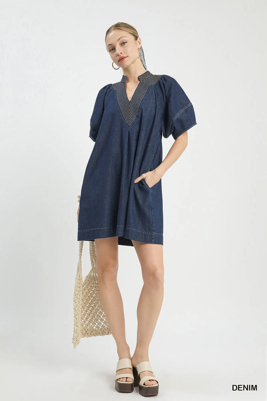 Denim Puff Sleeve Mini Dress